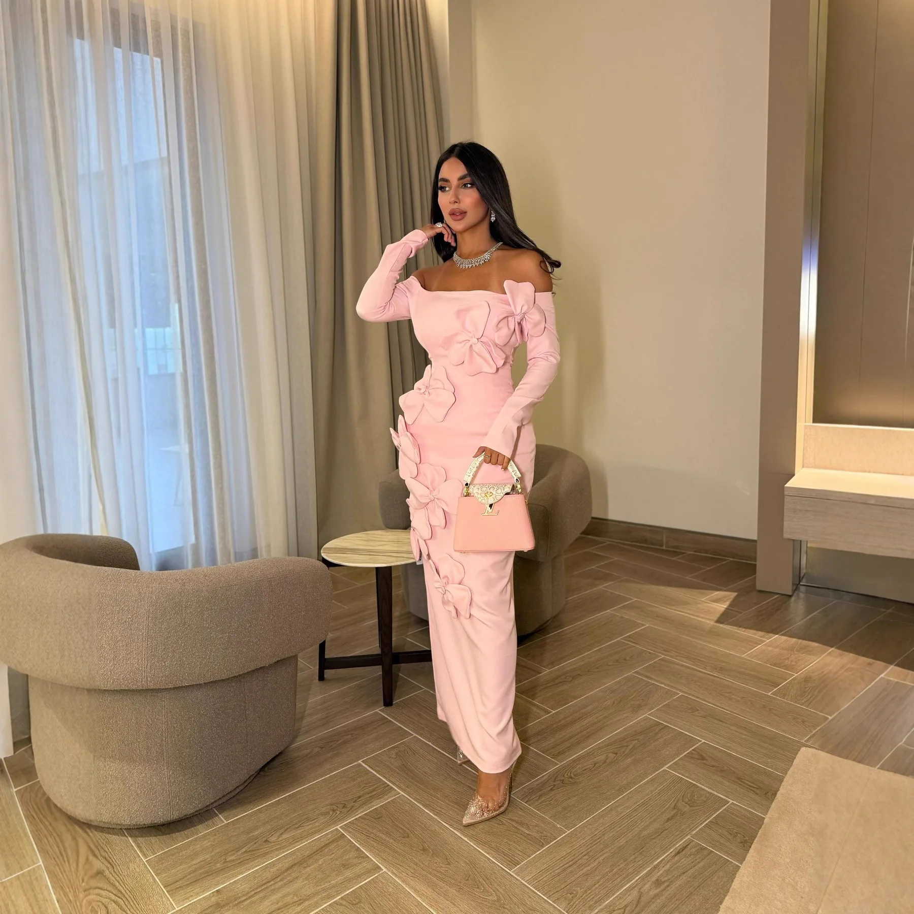 Primavera Verano sin tirantes nuevas mujeres elegante Sexy ceñido al cuerpo tridimensional flor fuera del hombro vestido de manga larga