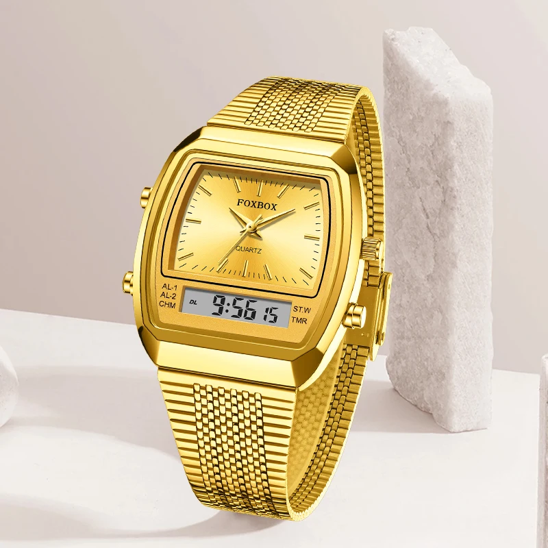 LIGE FOXBOX ساعات إلكترونية فاخرة للنساء مزدوجة رقمية كاجوال رياضية مقاومة للماء كوارتز مضيئة ساعات نسائية جديدة