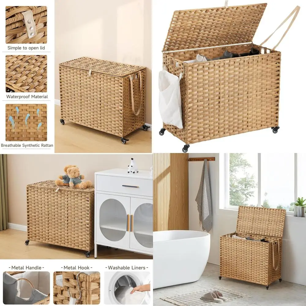 

Корзина для белья на колесиках объемом 200 л с крышкой, 3-цветные съемные вкладыши, 3 сетчатых пакета, боковой карман, натуральный