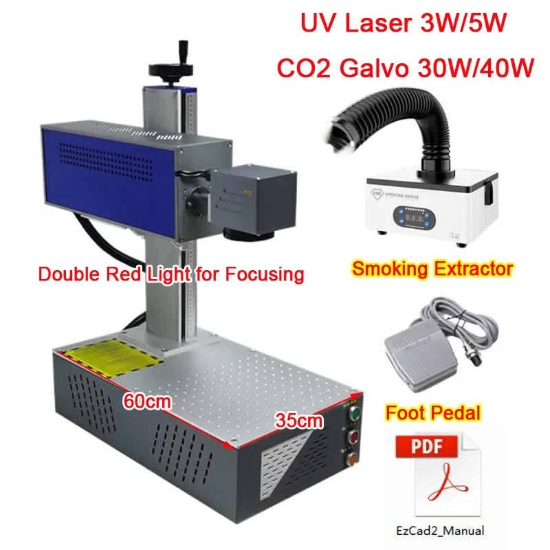 CO2 Galvo Laser 40w 30w Wood Engraving Machine UV Laser 3w 5w Glass Marking Machine with Smoking Extractor 220V 110V Laser Kit