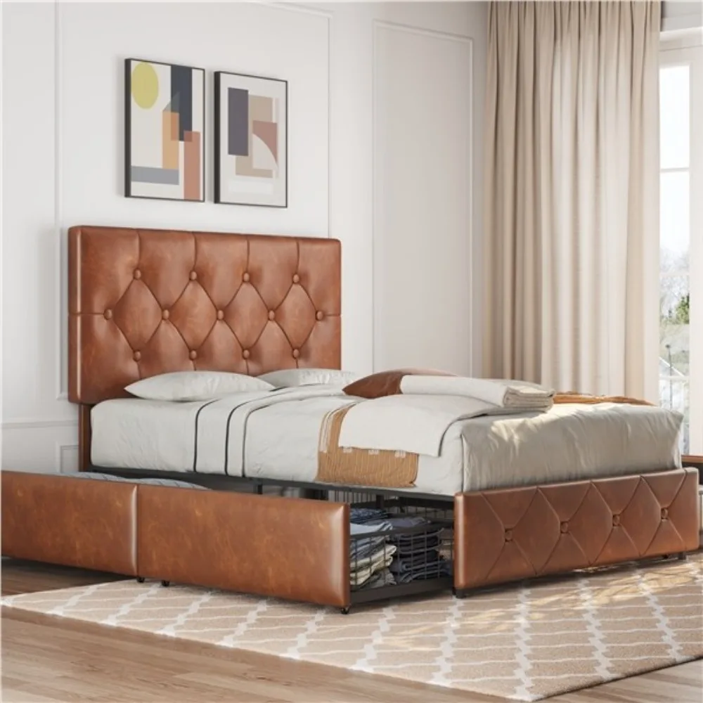 

Faux Leather Upholstered Full Size Bed Frame with Adjustable Headboard