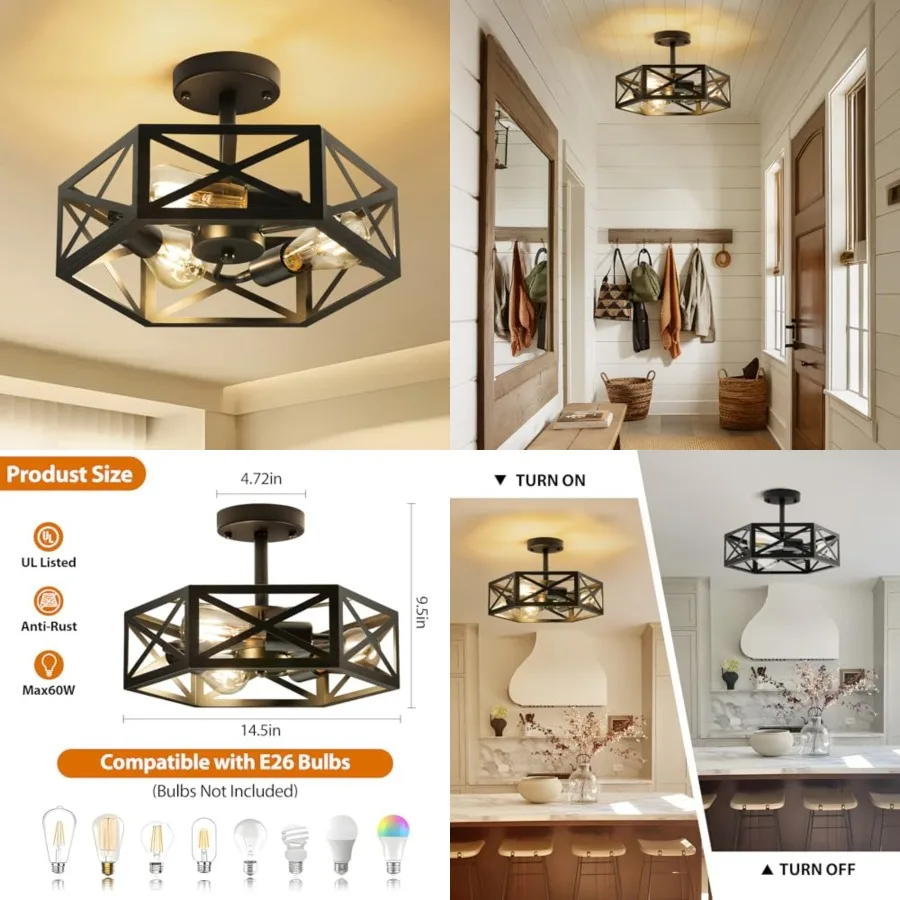 Modern Semi Flush Mount Ceiling Light, 3-Light Hexagon Flush Mount Ceiling Lights for Dining Room Light Fixture, Farmhouse Blac