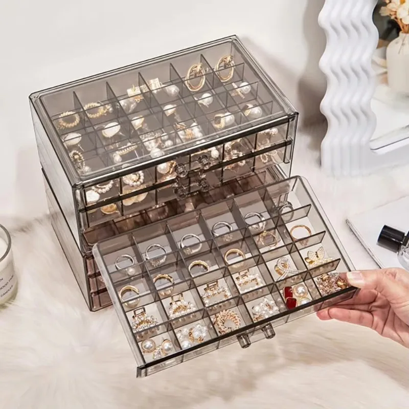 Acrylic Multi-Compartment Jewelry Storage Box Transparent Earrings Drawer Three-Layer 72-Grid High-Capacity Portable Organizer