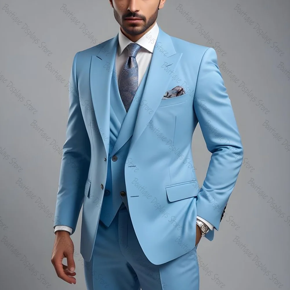 

Sky Blue Slim Men Suit Single-breasted Peak Lapel 3 Pieces(Jacket+Pants+Vest) Male Formal Wedding Party Set
