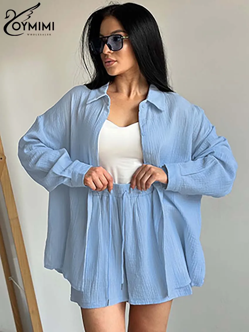 

Oymimi Fashion Blue Cotton Women 2 Piece Set Outfit Elegant Turn-Down Collar Long Sleeve Button Shirts And Drawstring Shorts Set