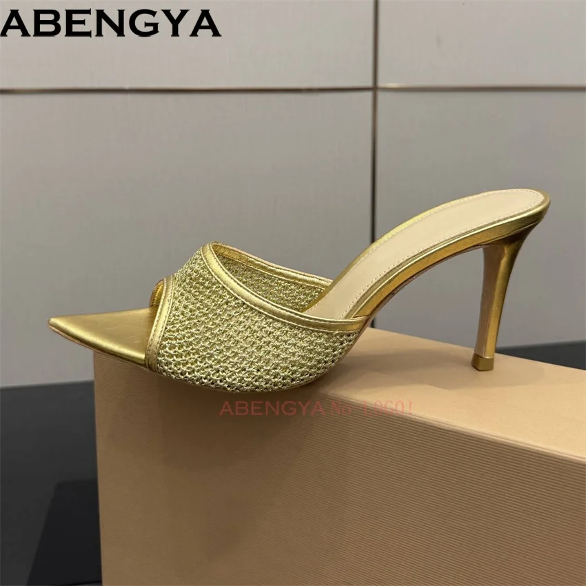 

Summer Air Mesh Slides High Heels Slippers Women Sexy Point Toe Dress Shoes For Woman Sandals Rome Slippers