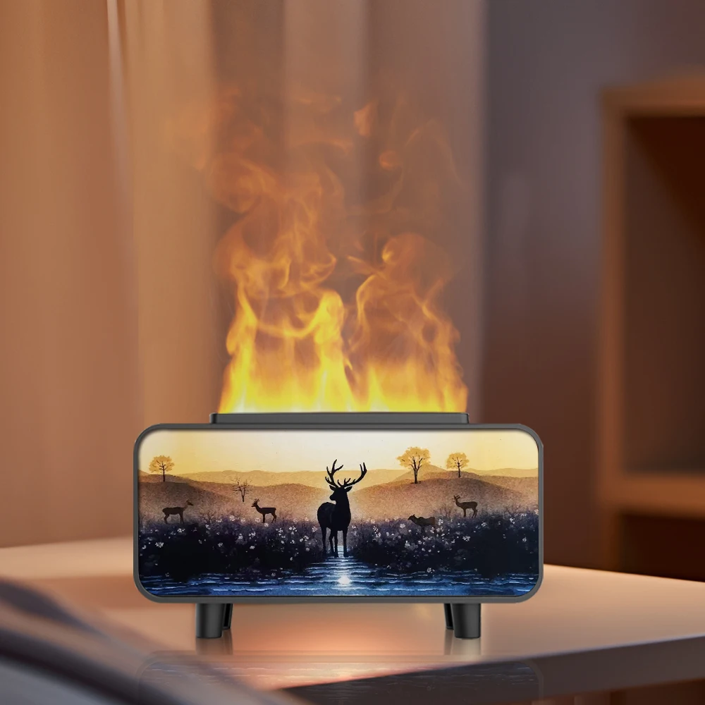 Umidificador de ar criativo para lareira, sem água, desligamento automático, difusor de óleo essencial, montanha nevada com luz led para presente de casa