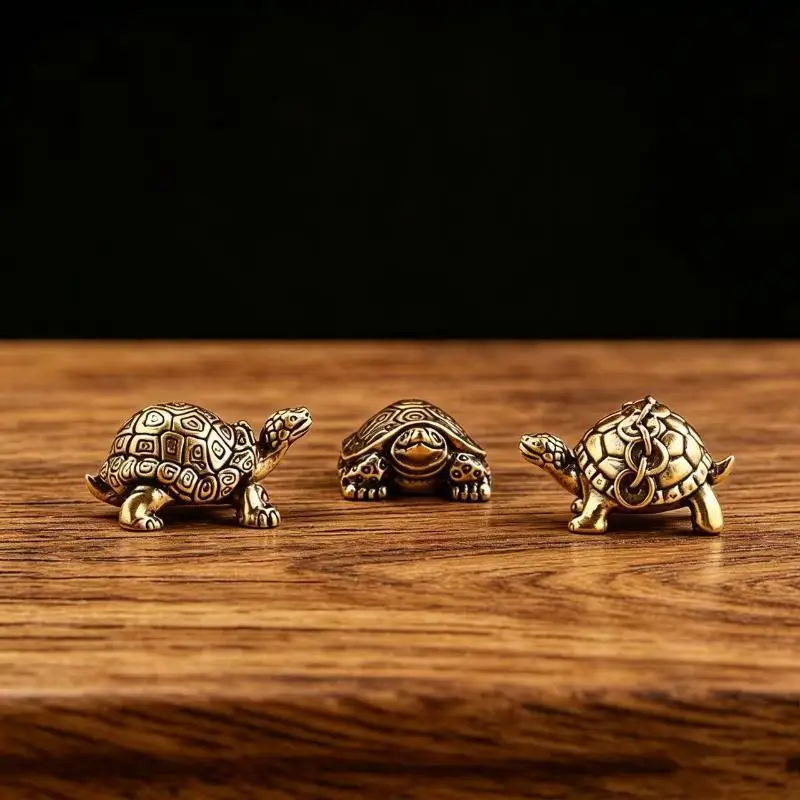 Solid Brass Mini Turtle Figurine Antique Finish Hand-Cast Tea Pet Decor Desk Ornament for Home Accent Decor