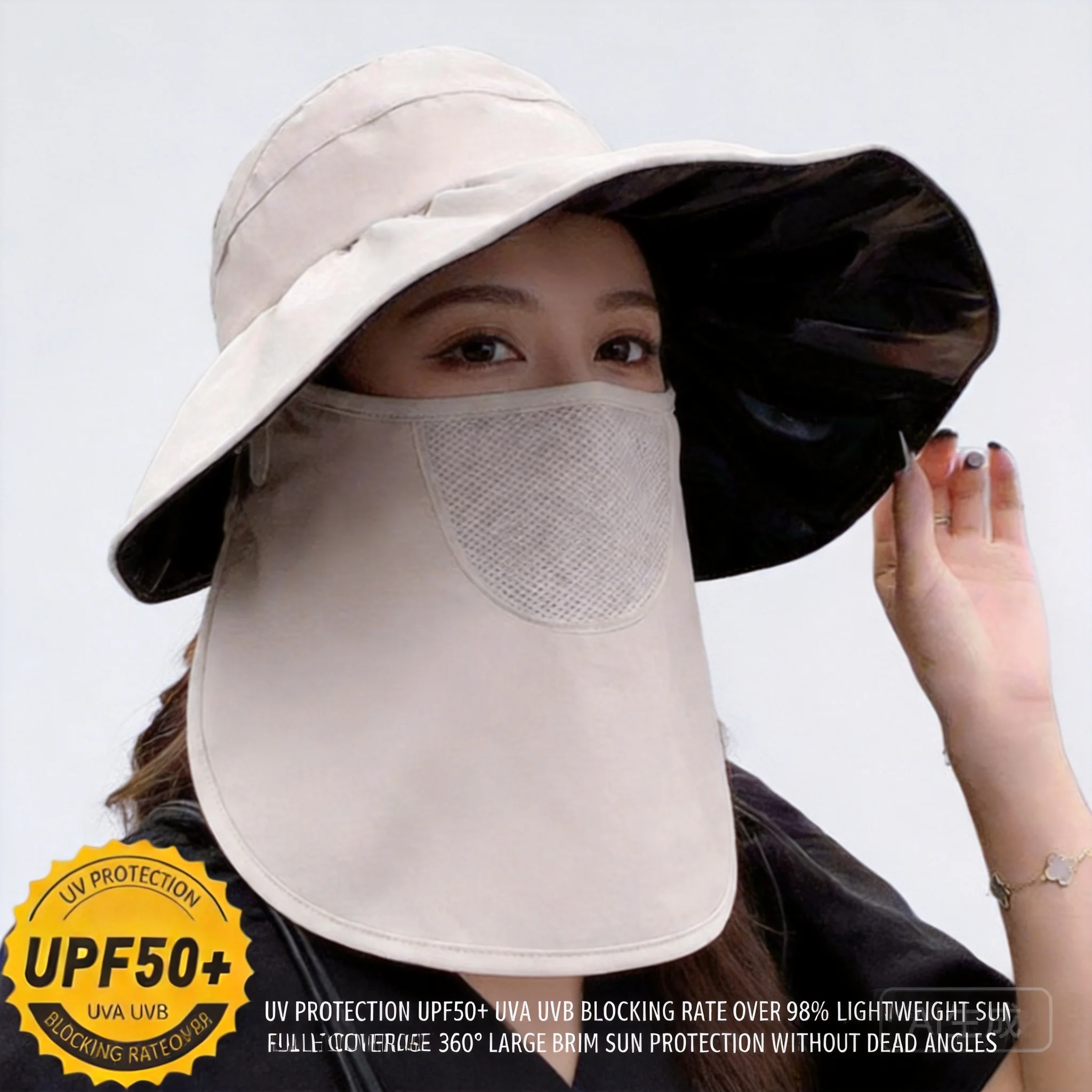 Sombrero de cubo plegable de algodón 100% para mujer, protección UV UPF 50, ala ancha, color negro, con abertura para cola de caballo, portátil, de color liso