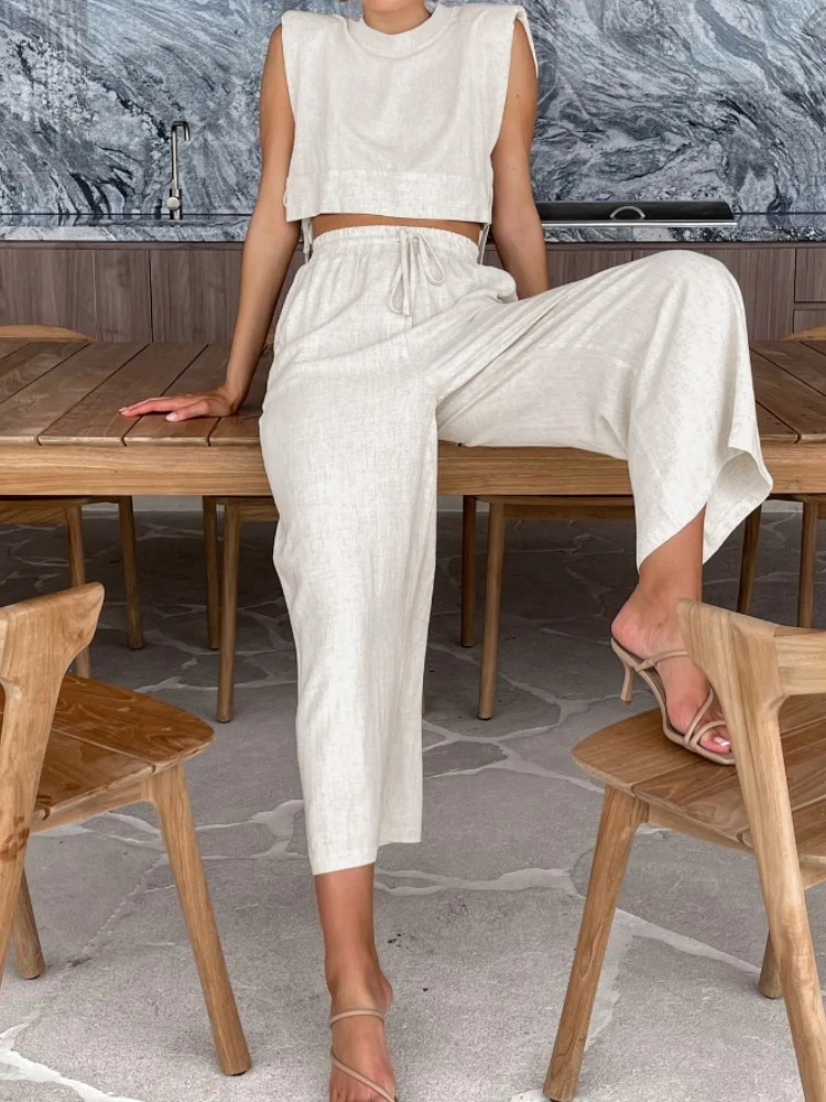 

New in Summer Cotton Linen Set Shoulder Padded Sleeveless Fashionable Women's Wide Leg Pants Two Piece Spring Clothing Set