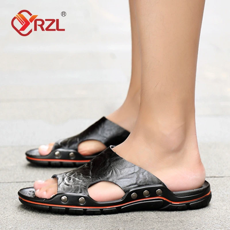 YRZL Slippers Mens PU Leather Classic Summer Men Sandals Soft Brown Outdoor Comfortable Slippers Lightweight EVA Slides for Men