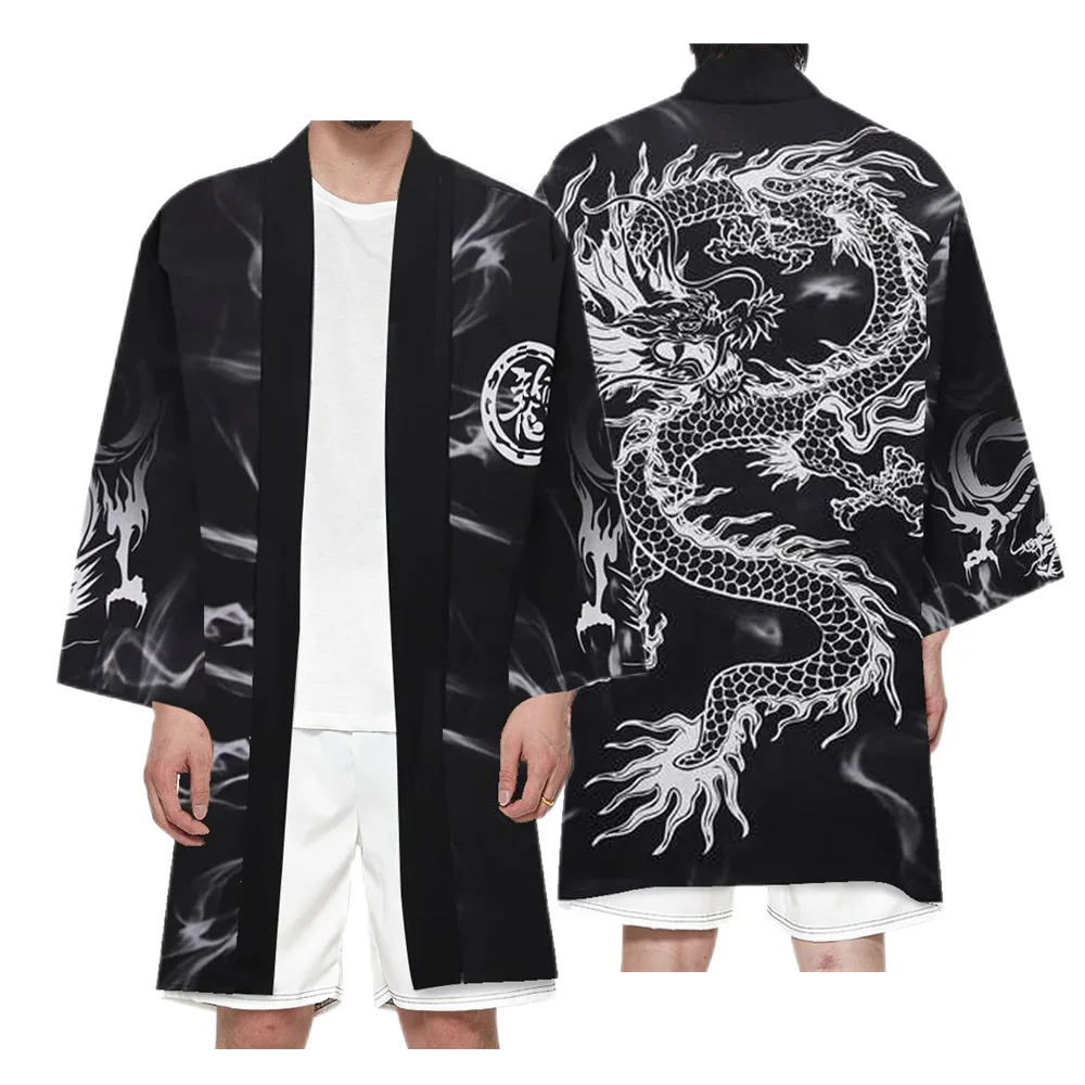 Demon Print Anime Kimono Cardigan Women Men Japanese Obi Male Yukata Haori Chinese Dragon Coat Cosplay Costume Japan Colthing