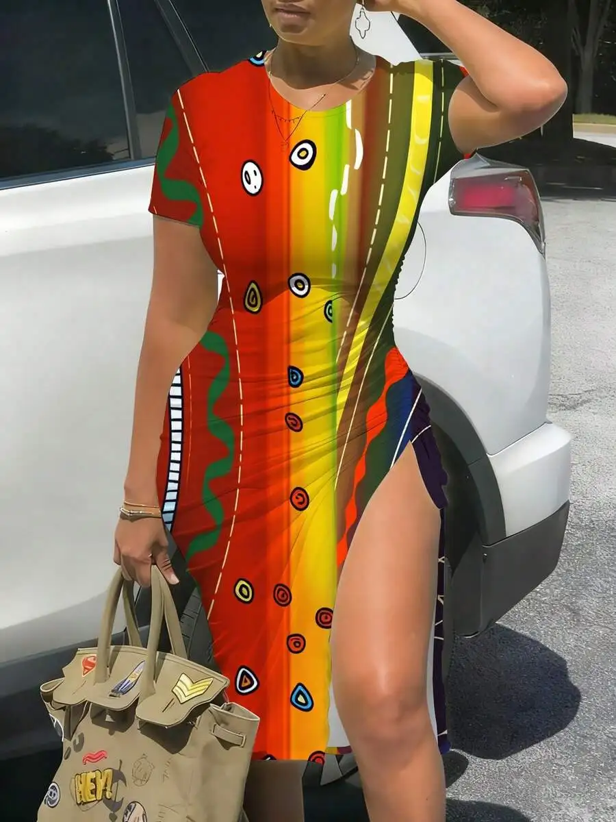 

Women Short Sleeve Fitted Midi Dress With Slit Colorful Geometric Pattern Casual Summer Dress
