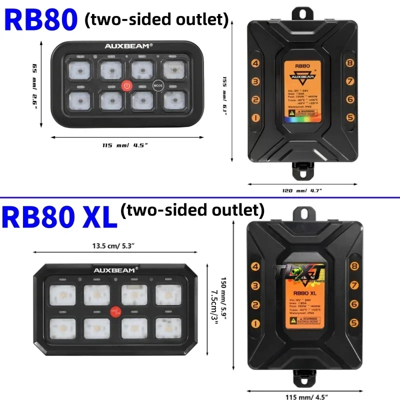 TLXT Auxbeam RGB 8 Gangs Switch Panel Toggle/ Momentary/ Pulsed Mode Supported for SUV UTV Caravan (Two-Sided Outlet) RB80