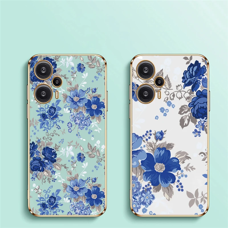 Flower Print Phone Case For Xiaomi Poco F6 Pro F 6 F5 F3 C40 C31 Silicone Shockproof Plating Lens Protection Soft TPU Cover
