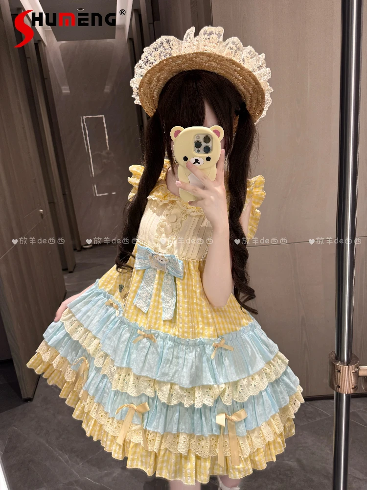 

Girls Sweet Lolita Mini Dress Summer Japanese Style Kawaii Cute Bow Lolita Birthday Party Dress Princess Tea Party Dress Women