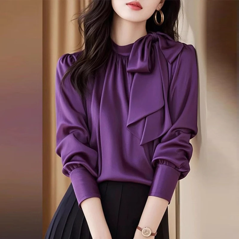 

Women Korean Fashion Satin Luxury Chic Lace-up Bow Blouse Office Lady Elegant Business Casual Shirt Solid Long Sleeve Loose Tops