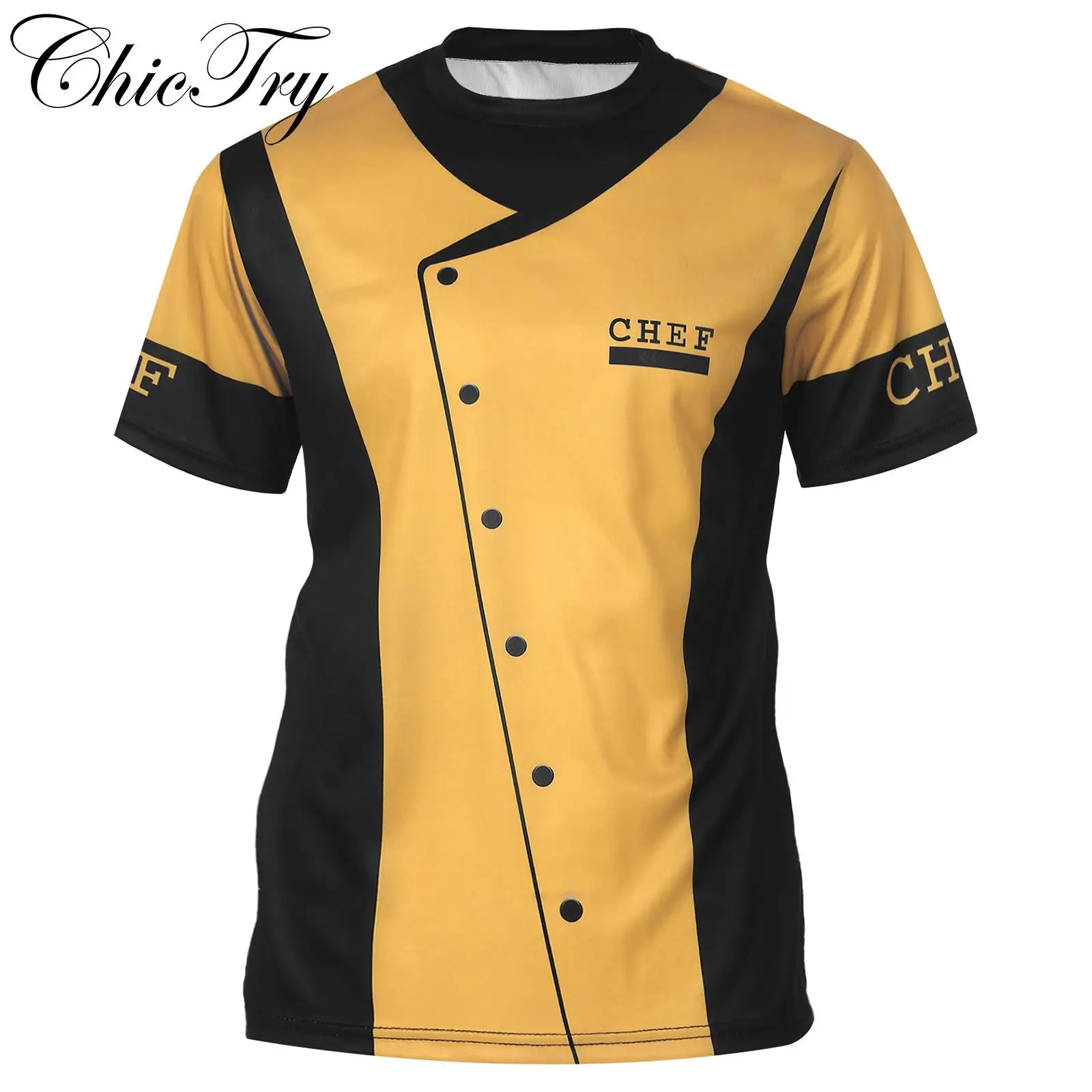 Camiseta de Chef para hombre, bloques de Color uniforme de trabajo creativo de con estampado, Tops de Chef, disfraz de cocina de restaurante, camiseta de manga corta