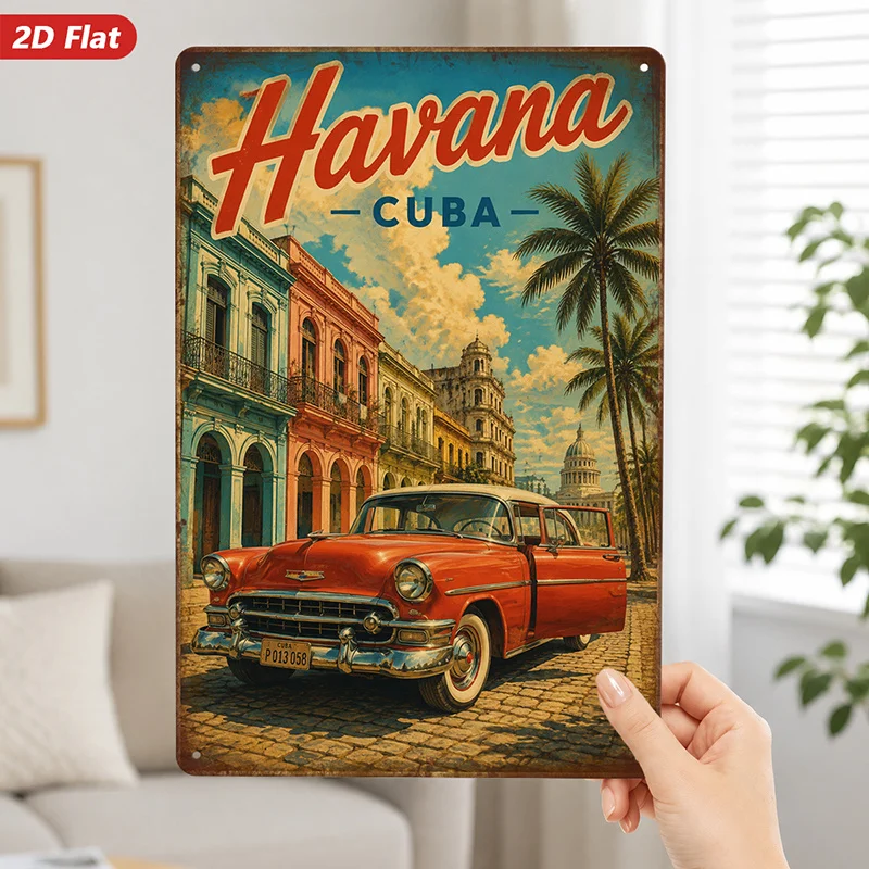 2D Flat, 1pc Metal Sign Wall Art, Havana Cuba Themed Home Decor, Vintage Car Art, Tropical Architecture Design, for Living Room,