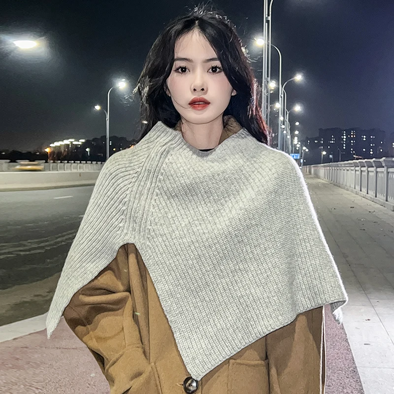 Pure wool shawl round neck cape women's autumn and winter new fashion outfit pullover scarf, Korean warm knit versatile scarf