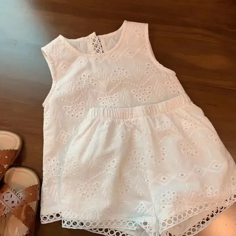 2024 Summer Children Baby Girl 2PC Clothes Set Cotton Hollow Lace Sleeveless Vest Elastic Waist Shorts Suit Toddler Girls Outfit