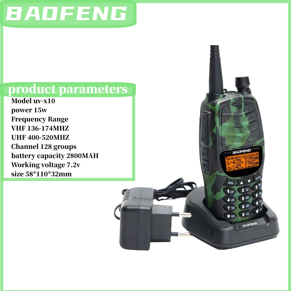 Baofeng UV-X10 15W Walkie Talkie Radio bidireccional de larga distancia Cargador USB de doble banda Actualización de alta potencia Logística de hotel