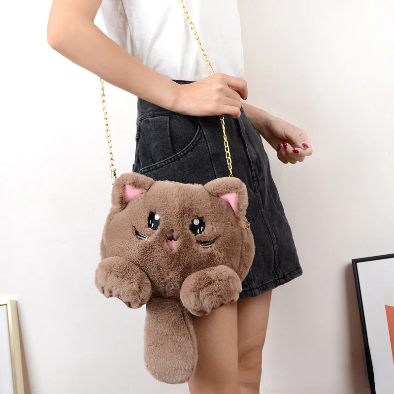 Torba na ramię ze sztucznego futra z kotem Casual Cartoon Chain Strap Stuffed Doll Bag Kawaii Animals Plush Crossbody Bag Female/Girl Gift