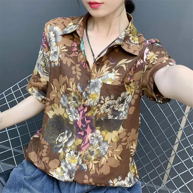 Women\'s Clothing Turn-down Collar Blouse Vintage Floral Printed Summer Short Sleeve Casual Stylish Pockets Spliced Button Shirt