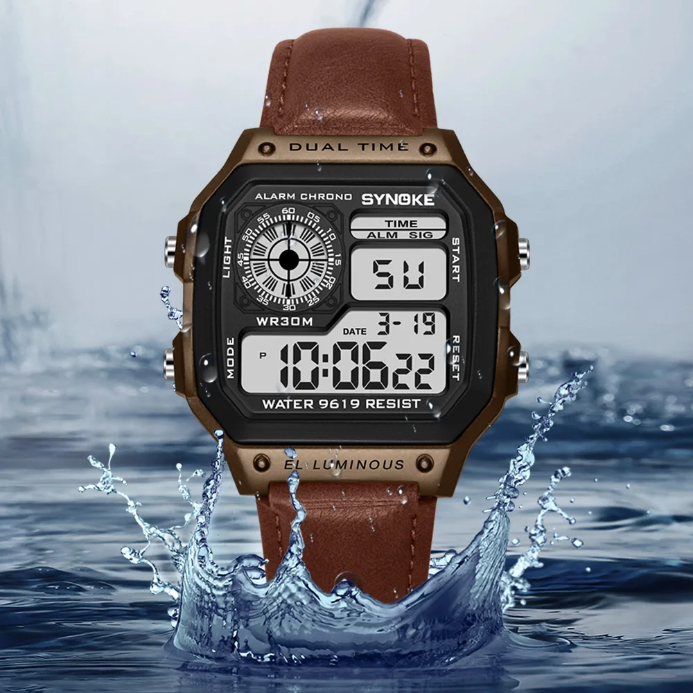 SYNOKE Digital Watches Men Sports Luminous Multifunction Waterproof watch Outdoor and Running Leather wristwatch Retro Fashion