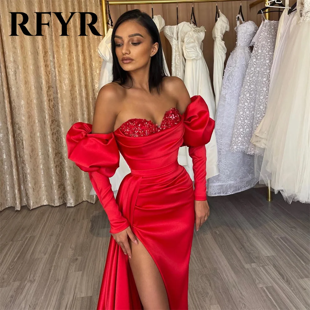 RFYR Off Shoulder Woman Evening Dress Gown Stain Sequin Ball Gown Pleat Mermaid Sexy Night Dress Gown robes de soirée Customized