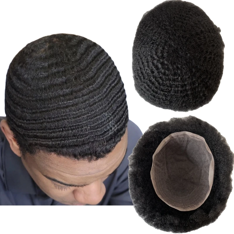 Brazilian Virgin Human Hair Replacement 1# Jet Black 4mm Wave Male Unit 8x10 Full Lace Toupee for Black Man