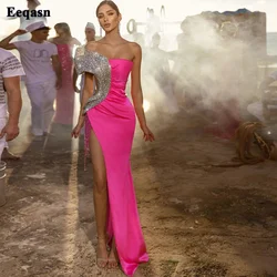 Fuchsia Shiny Sequin Satin Long Evening Dresses Mermaid One Shoulder Prom Gowns High Slit Customized Women Formal Occasion Dress