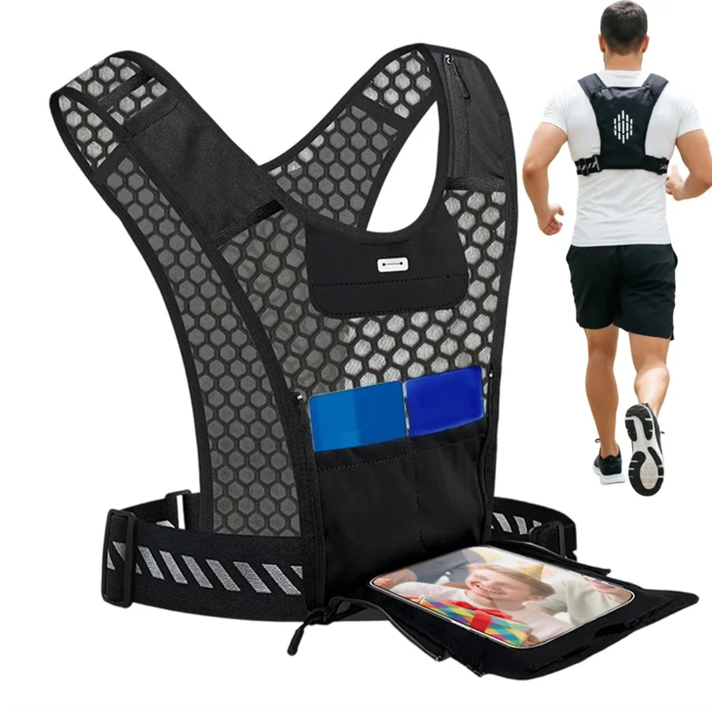 Reflective Lightweight Running Chest Vest With Multi Pockets Phone Holder For Night Running Cycling Hiking Climbing Jogging