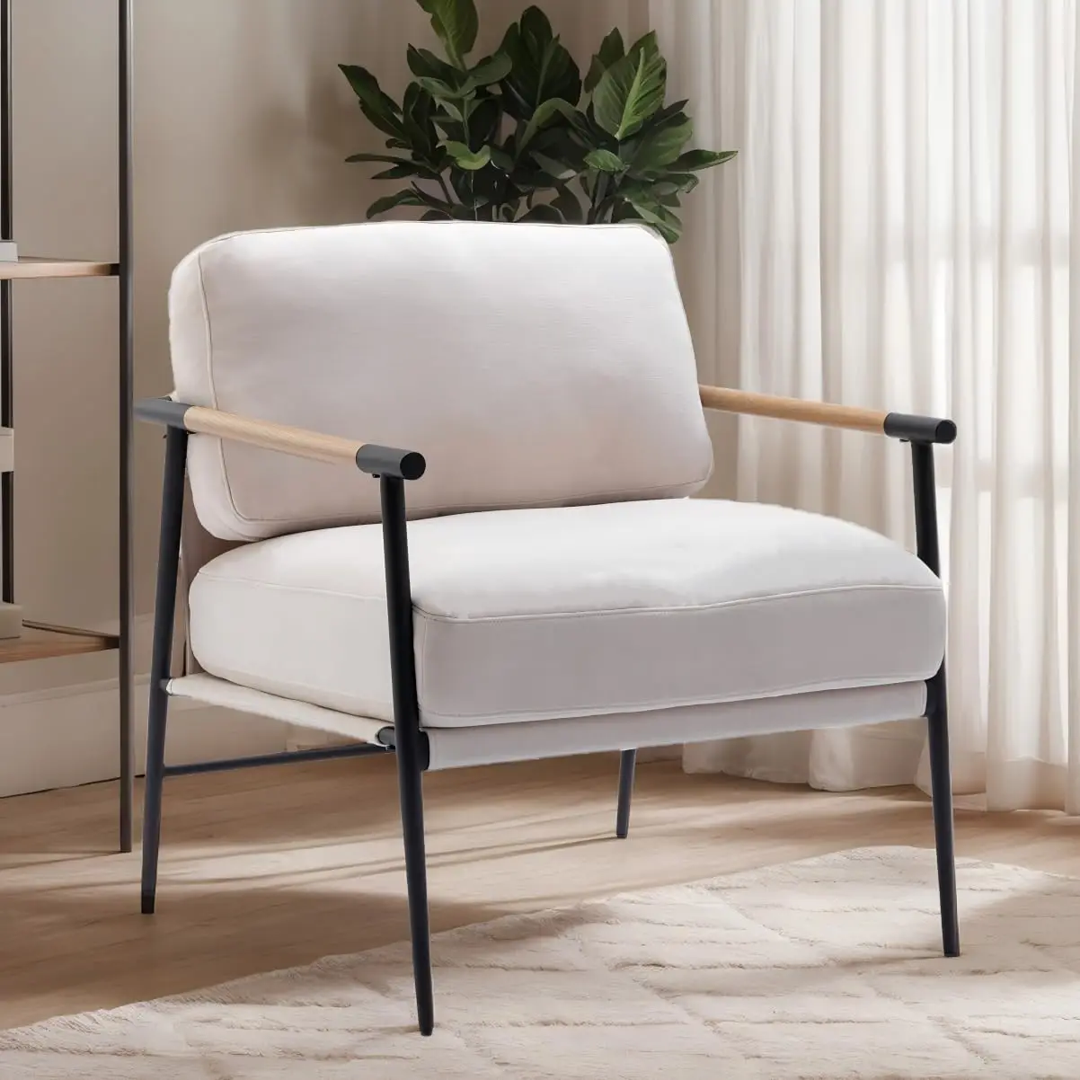 

Mid-Century Modern Accent Chair, Soft Linen Upholstered Lounge Reading Chair with Metal Legs Comfy Lightweight Livinig Ro