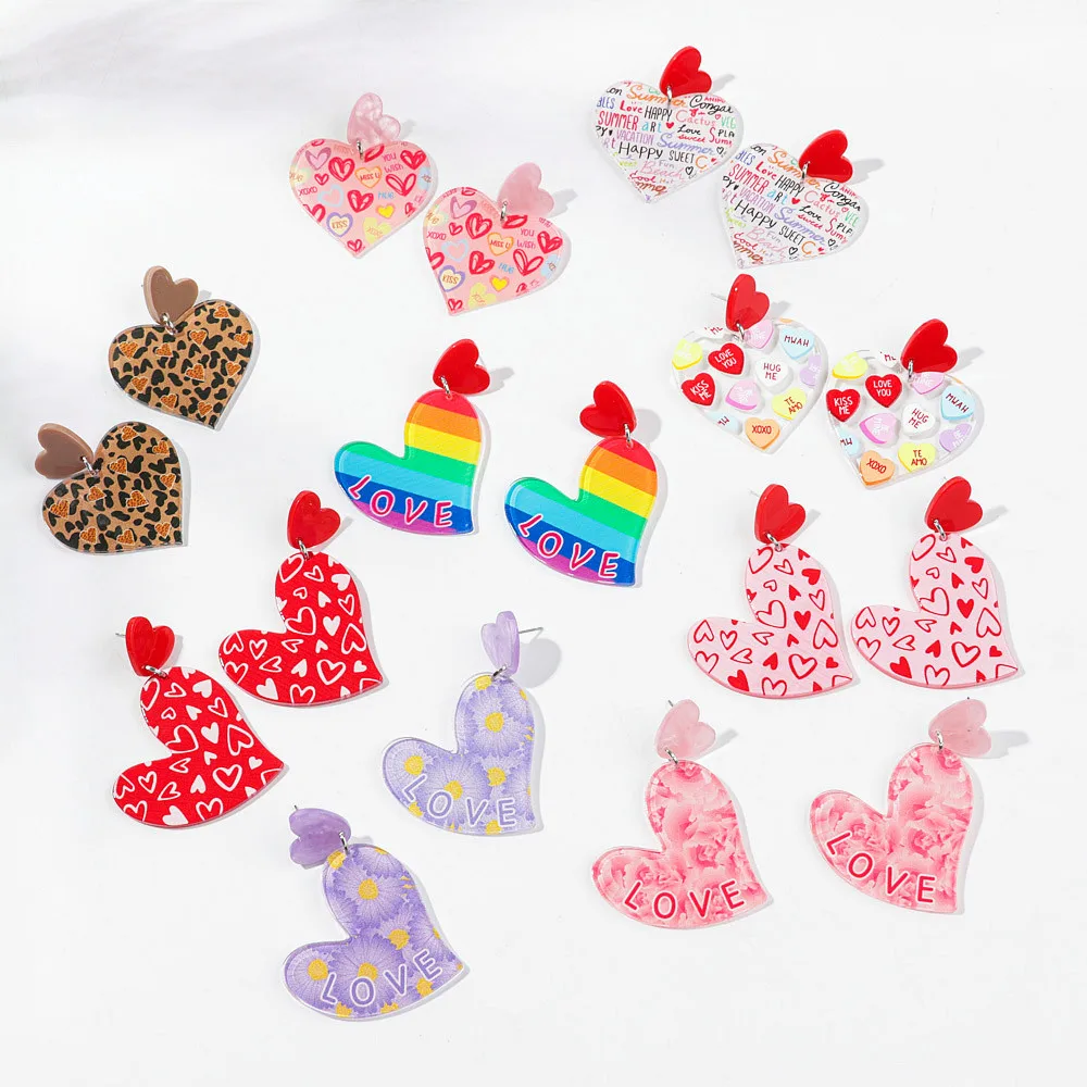 New Valentine\'s Day Love Acrylic Drop Earrings for Women Rainbow Irregular Heart Peach Pendant Earring Romantic Jewelry Gifts