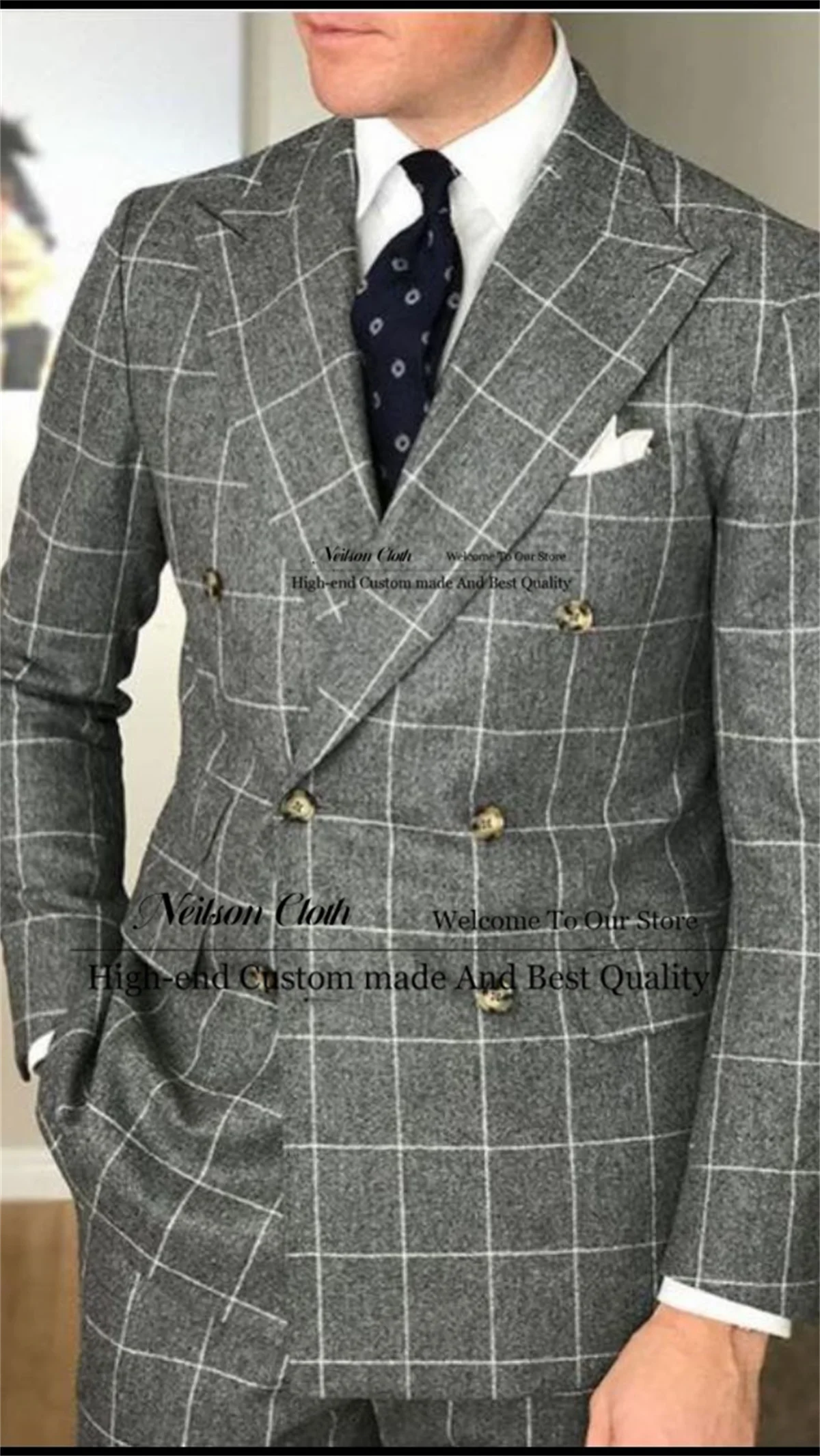 

Dark Grey Plaid Male Prom Blazers 2 Pcs Sets Double Breasted Groom Wedding Tuxedos Customized Peaked Lapel Costume Homme