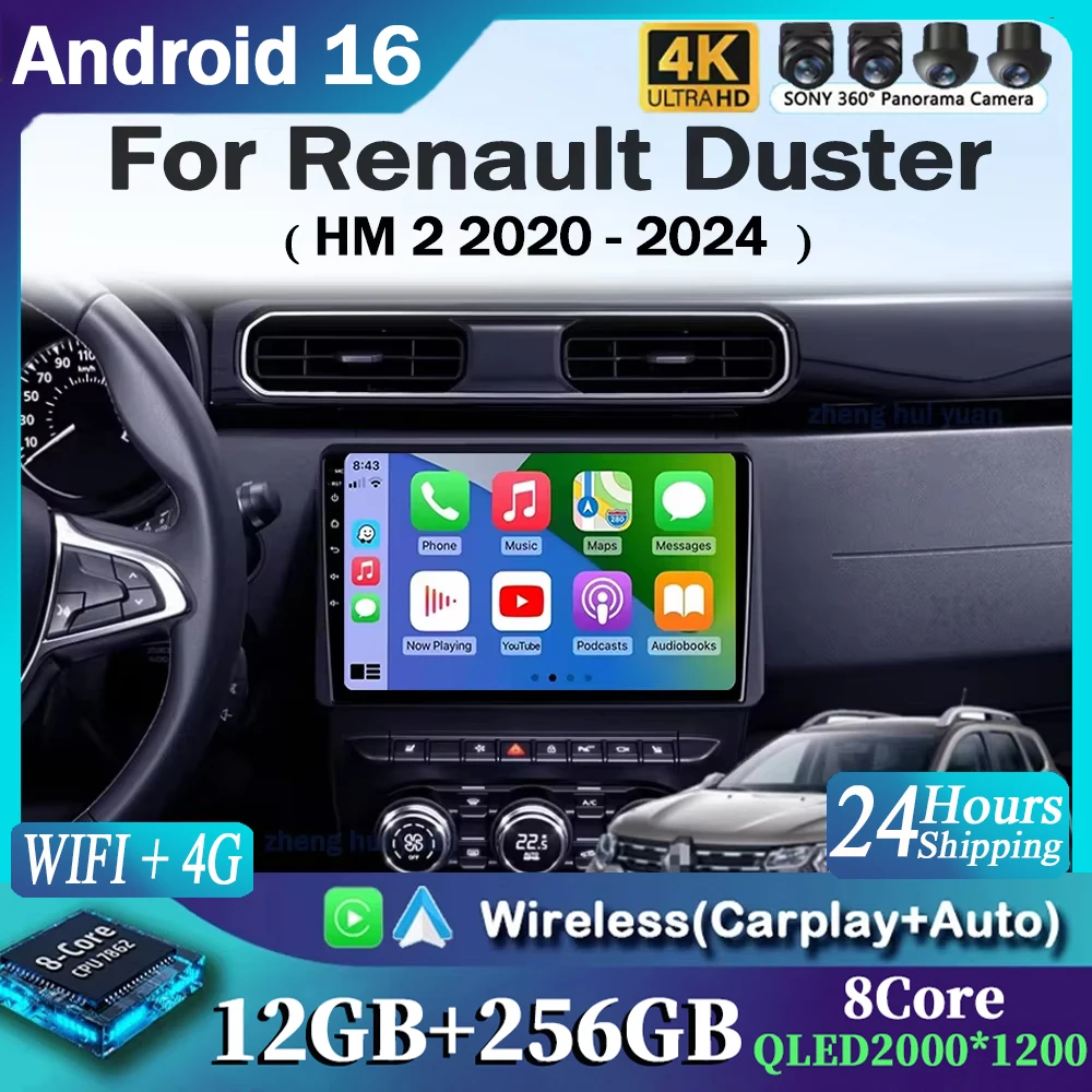 For Renault Duster HM 2 2020 - 2024 2K 12+256 QLED Android 16 CarPlay Car Radio Multimedia Video Player GPS stereo Head Unit
