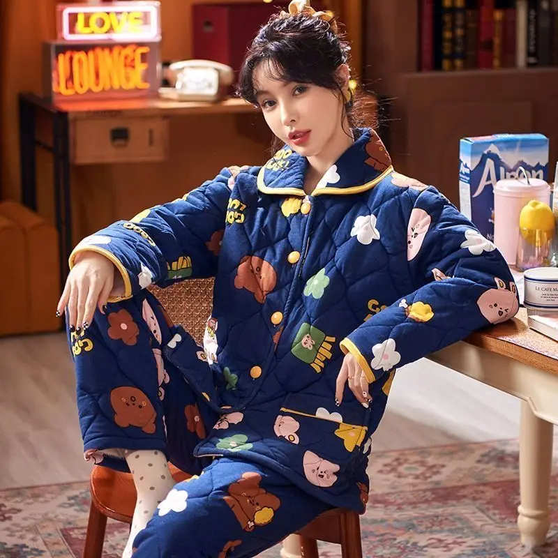 

Knitted Mezzanine Pajamas Women's Winter Three-layer Thickened Pure Cotton 2023 New Popular Thermal Loungewear Set Ccomfortable