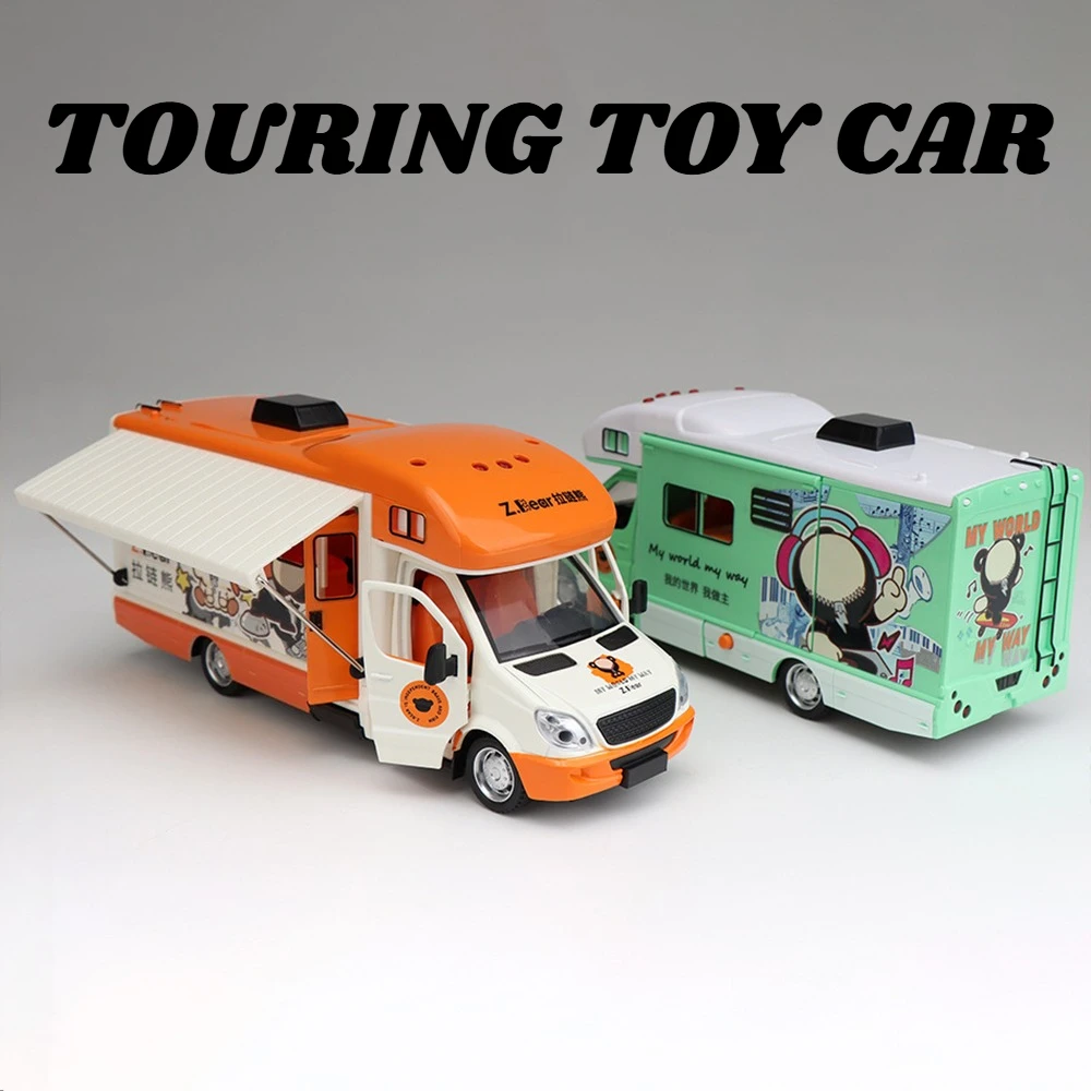 1:32 oso de dibujos animados RV contenedor transporte coche modelo juguete aleación Diecast sonido luz camión modelos tirar hacia atrás colección niños regalos