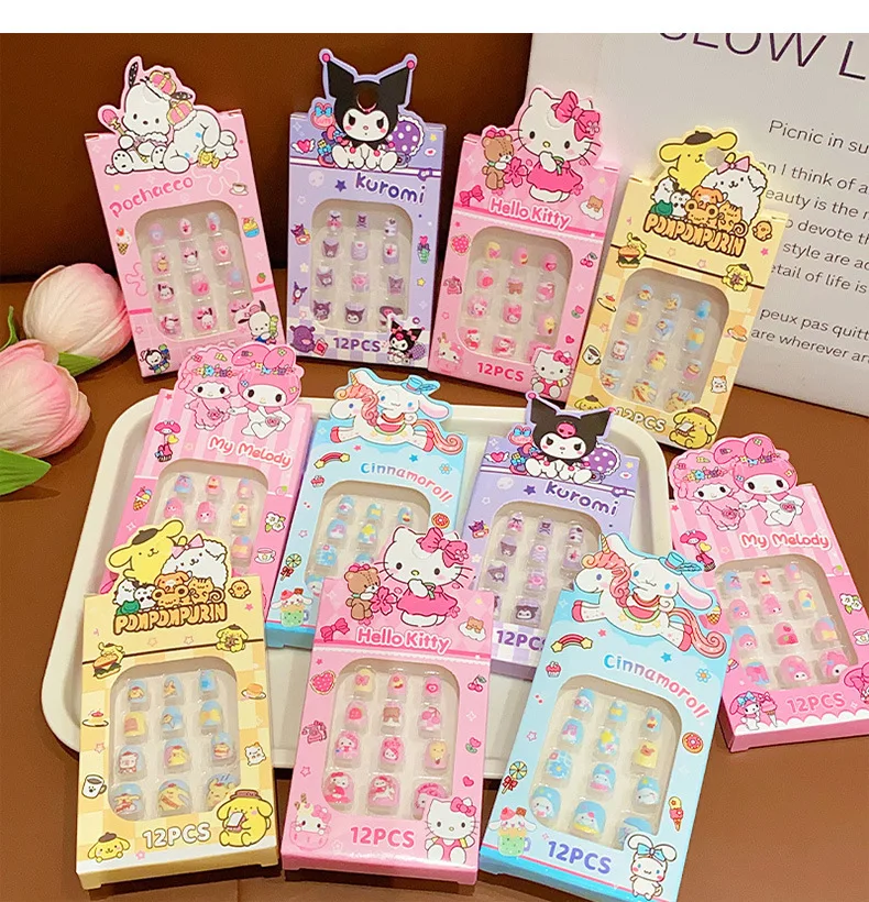 12pcs New Kids False Nails Kawaii anime nails kuromi, hello kitty Cute Girls Press On Fake Nails Short Child Cartoon False nails