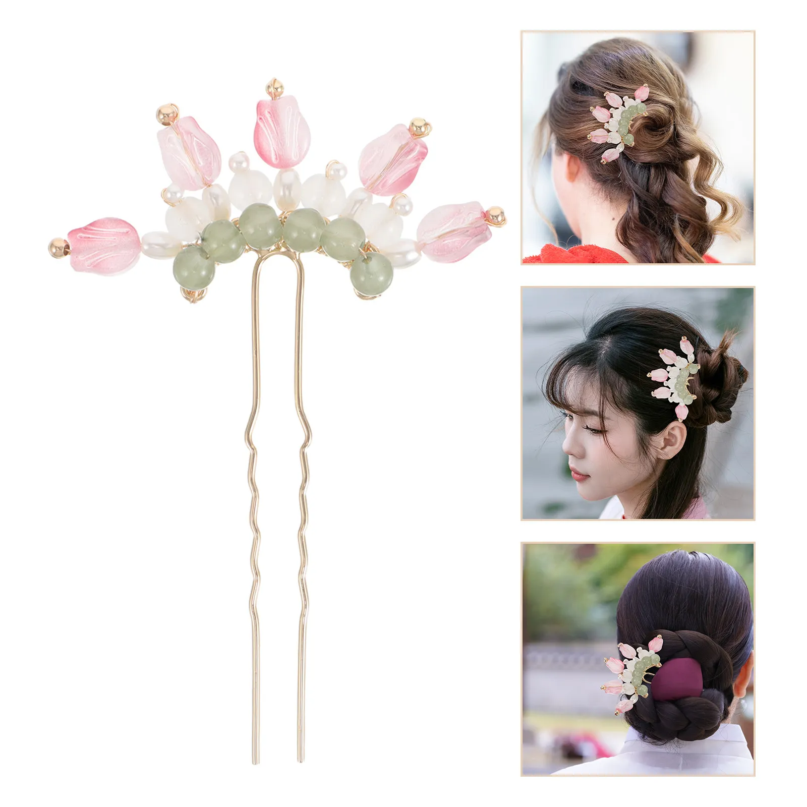 2Pcs Tulip Inspired Vintage Hairpins for Women Zinc Alloy Glass Floral Hair Sticks Chinese Style Hair Clips for Chignons Buns