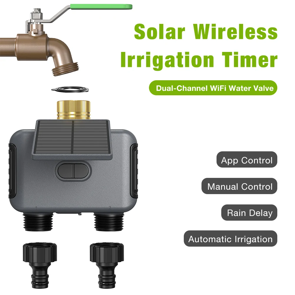 

WiFi Solar Smart Sprinkler Timer 2 Outlets Rain Delay Hose Water Timer Brass Inlet Automatic Irrigation Controller Water Valve