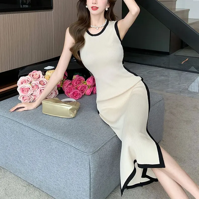 

Korean Contrasting Colors Midi Dress Women's Clothing Slim Stylish Splice Summer Sleeveless Elegant Split Basic Knitted Sundress