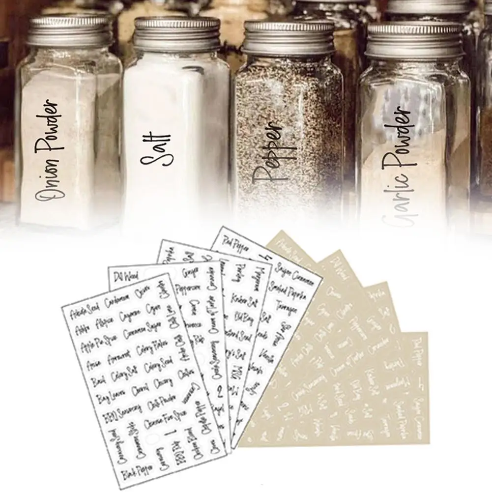 Transparent Spice Labels Preprinted Black White Letter Stickers Kitchen Seasoning Self-Adhesive Jars Labels Waterproof Cans B1F9