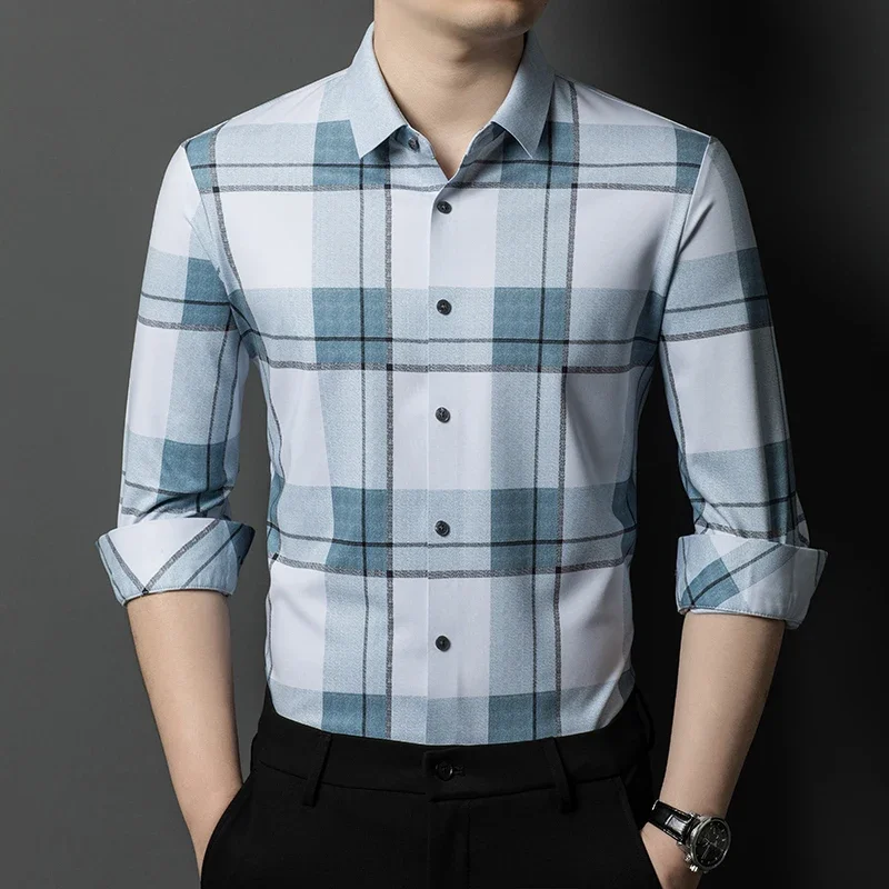 

New Arrival Plaid Allover Printed Seamless Men's Dress Shirts Luxury Long Sleeve Single Breasted Business Casual Male Shirts