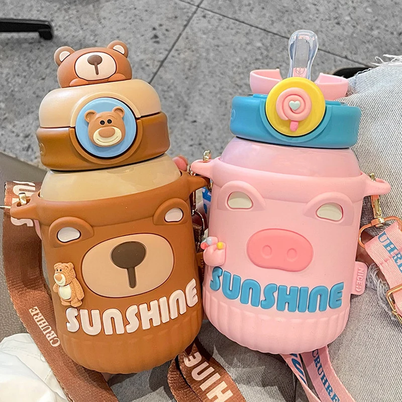 MINISO 550ml Insulated Cup Ladies' Cute Kettle Children'S Animal Water Cup Super Cute Creative Cup Boys' Straw Portable Cup Gift