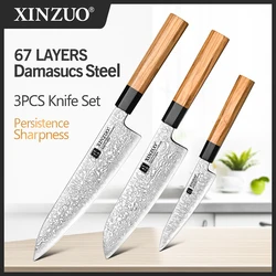 XINZUO 3PCS Knives Set High Carbon Damascus Stainless Steel Sharp Chef Santoku Utility Knife Olive Wood + Buffalo Horn Handle