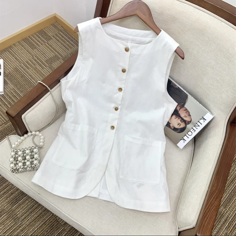 Summer Ladies Light Blue Sleeveless Vest Casual Commuting Single Breasted Woman Coat New in Jackets Gilet Vrouwen