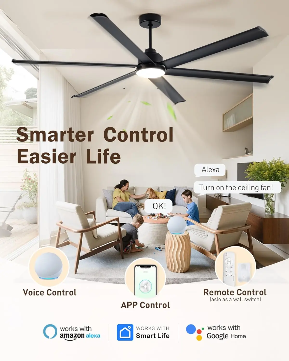 Ventilatori da soffitto industriali Smart Alexa da 84" con luce, 6 pale in alluminio a doppio strato, grande ventilatore da soffitto nero con 6 velocità D silenziosa