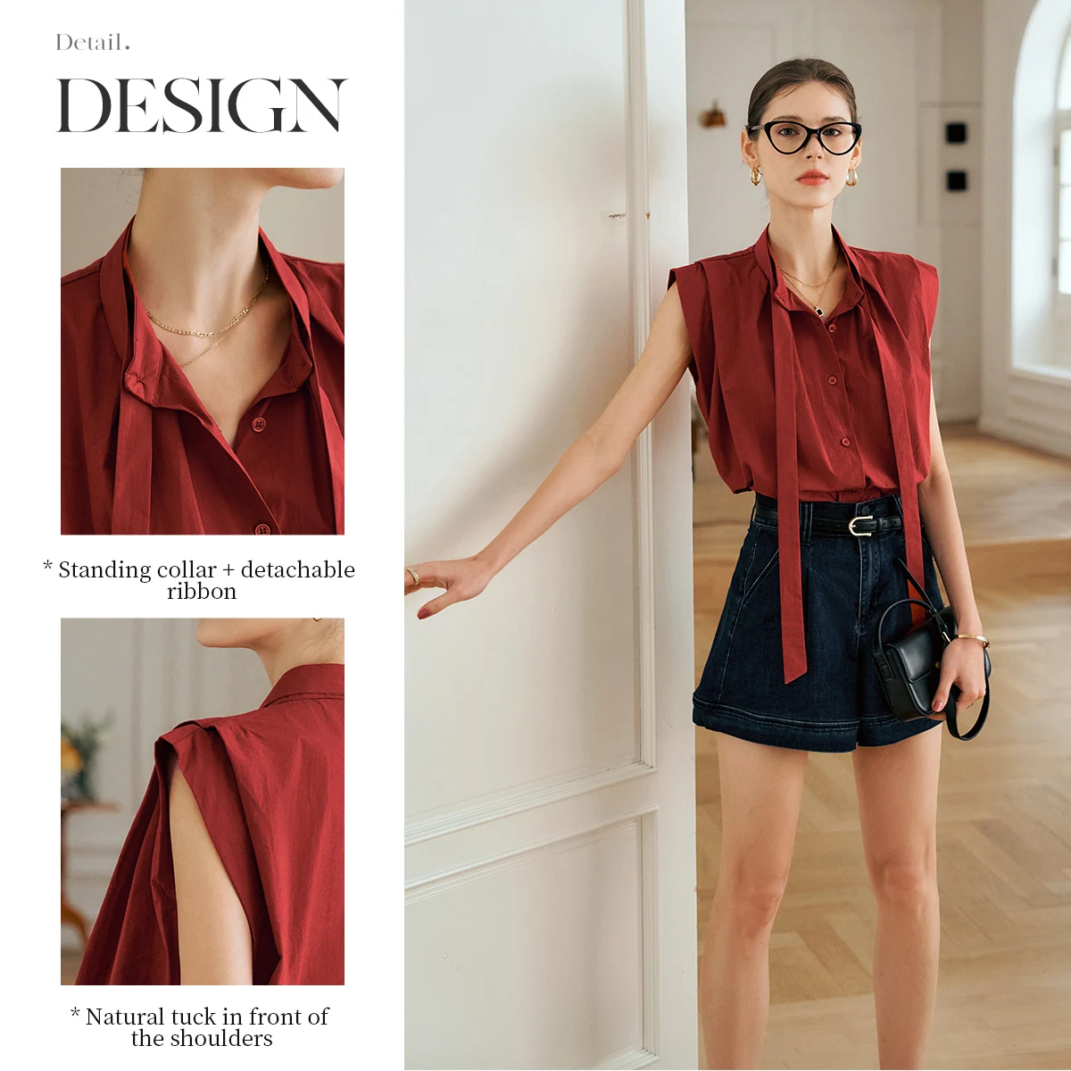 OLrain Women Summer Red Shirts 2025 Woman Elegant Stand Up Bow Neck Short Sleeve Commuter Lady Tops Female Clothing O57XC92393